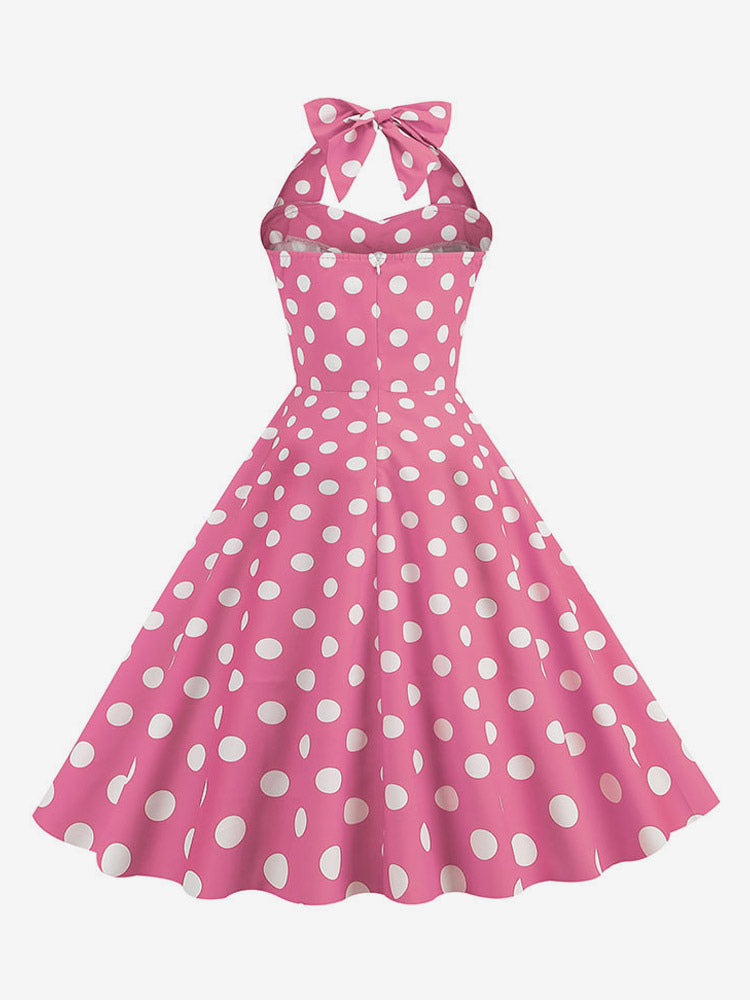 Vintage Chic Pink Polka Dot Halter Midi Dress