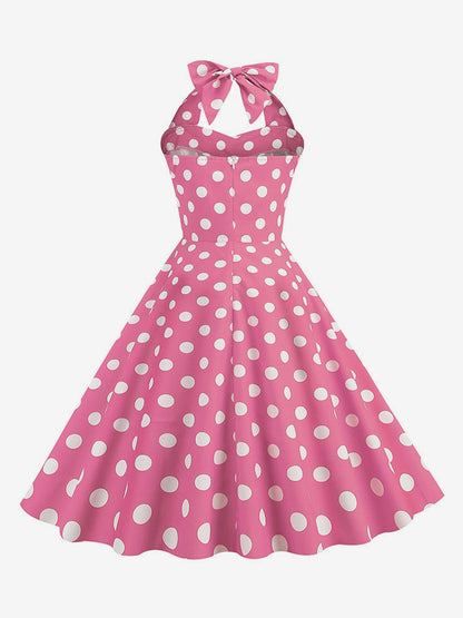 Vintage Chic Pink Polka Dot Halter Midi Dress