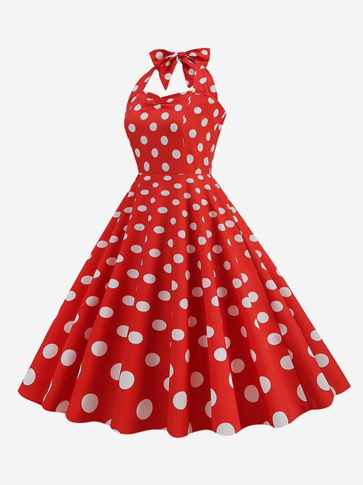 Vintage Chic Pink Polka Dot Halter Midi Dress
