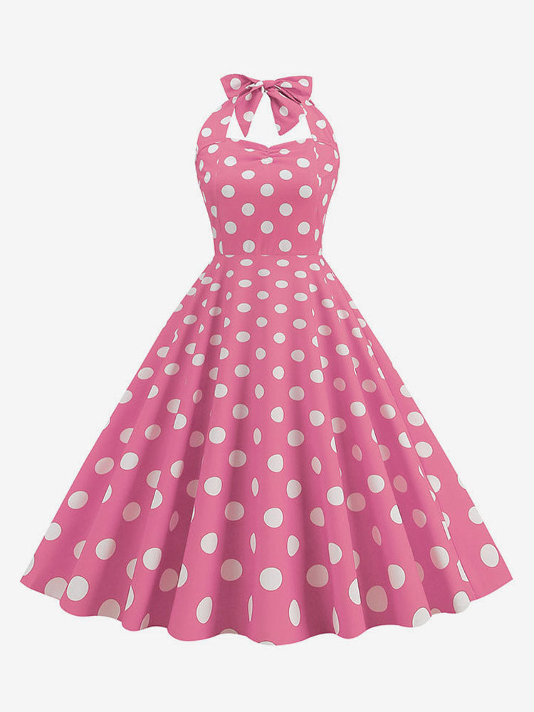 Vintage Chic Pink Polka Dot Halter Midi Dress
