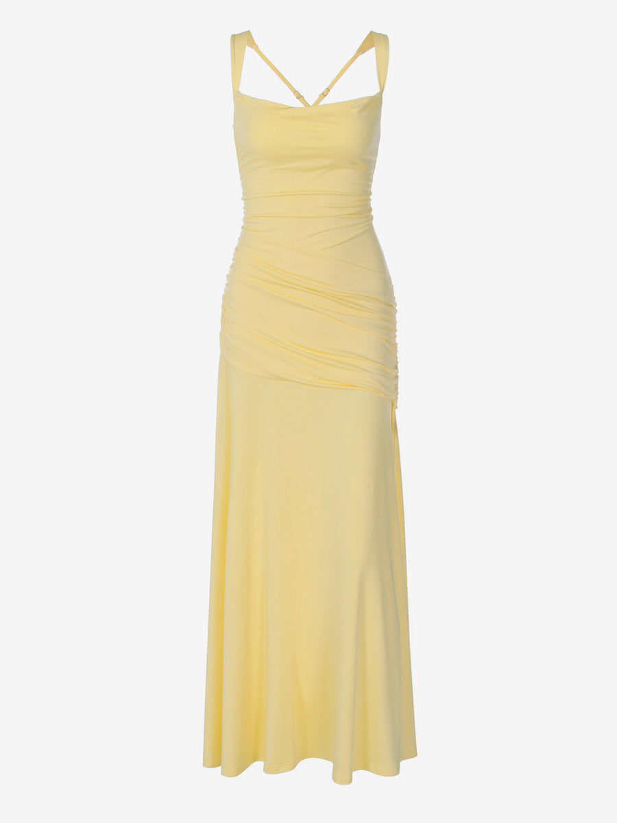 Vacation Dresses Creamy Yellow Ruched Maxi Dress For Women Elegant Evening Style