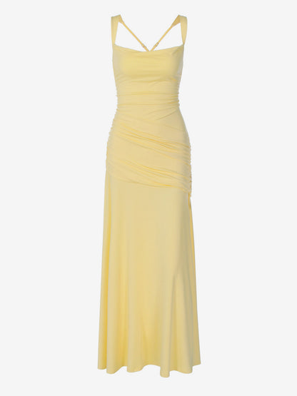 Vacation Dresses Creamy Yellow Ruched Maxi Dress For Women Elegant Evening Style