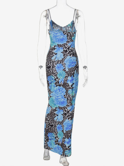 Blue Leopard Print Strapless Maxi Dress For Women Bold Street Style