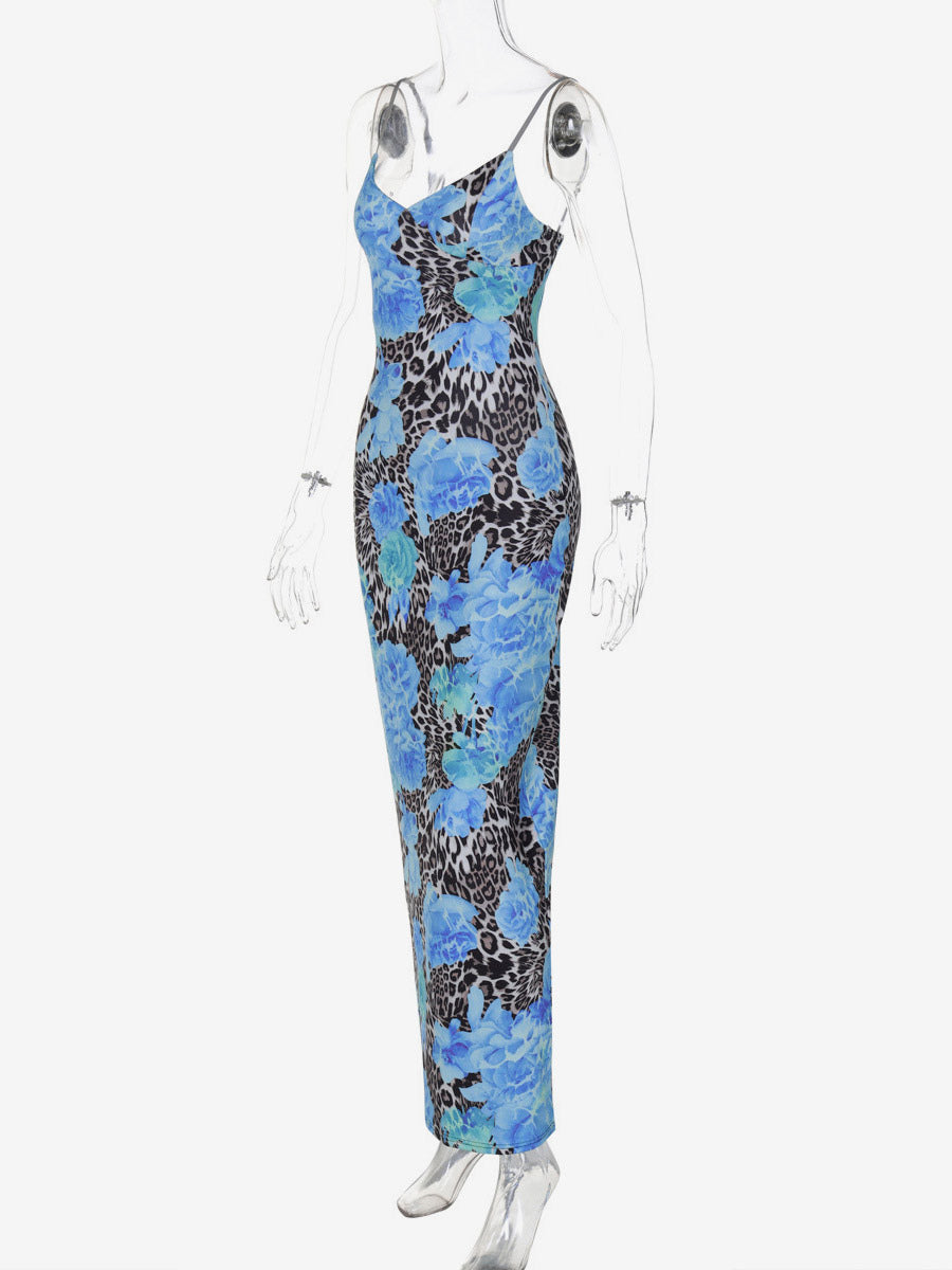 Blue Leopard Print Strapless Maxi Dress For Women Bold Street Style
