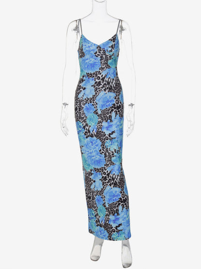 Blue Leopard Print Strapless Maxi Dress For Women Bold Street Style