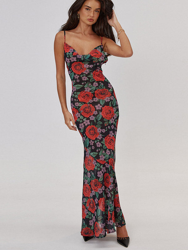 Red Rose Print Spaghetti Strap Maxi Dress For Women Romantic Style