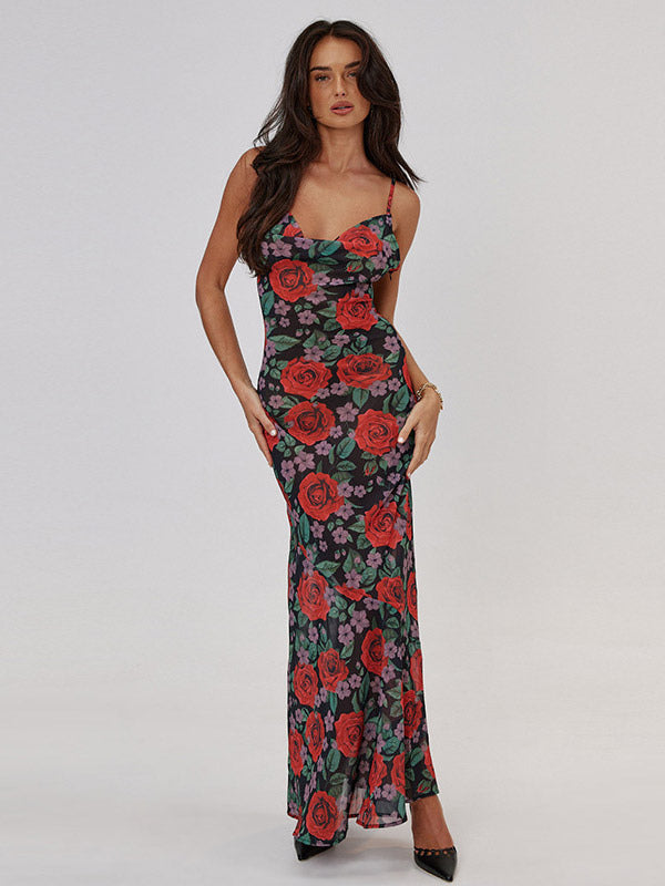 Red Rose Print Spaghetti Strap Maxi Dress For Women Romantic Style