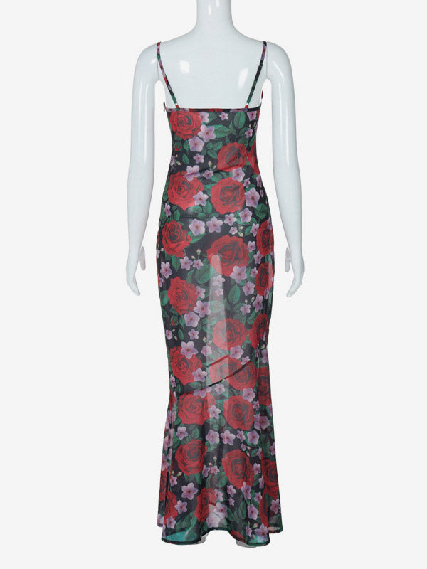 Red Rose Print Spaghetti Strap Maxi Dress For Women Romantic Style