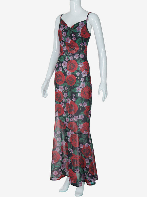 Red Rose Print Spaghetti Strap Maxi Dress For Women Romantic Style