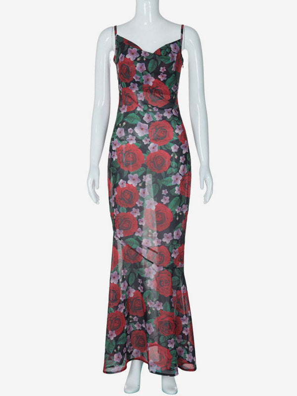 Red Rose Print Spaghetti Strap Maxi Dress For Women Romantic Style