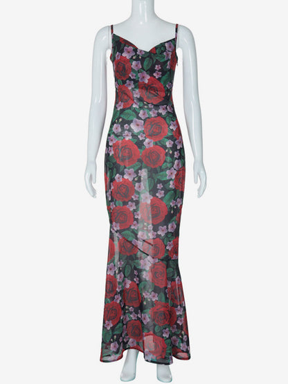 Red Rose Print Spaghetti Strap Maxi Dress For Women Romantic Style