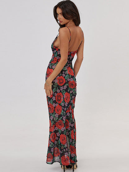 Red Rose Print Spaghetti Strap Maxi Dress For Women Romantic Style