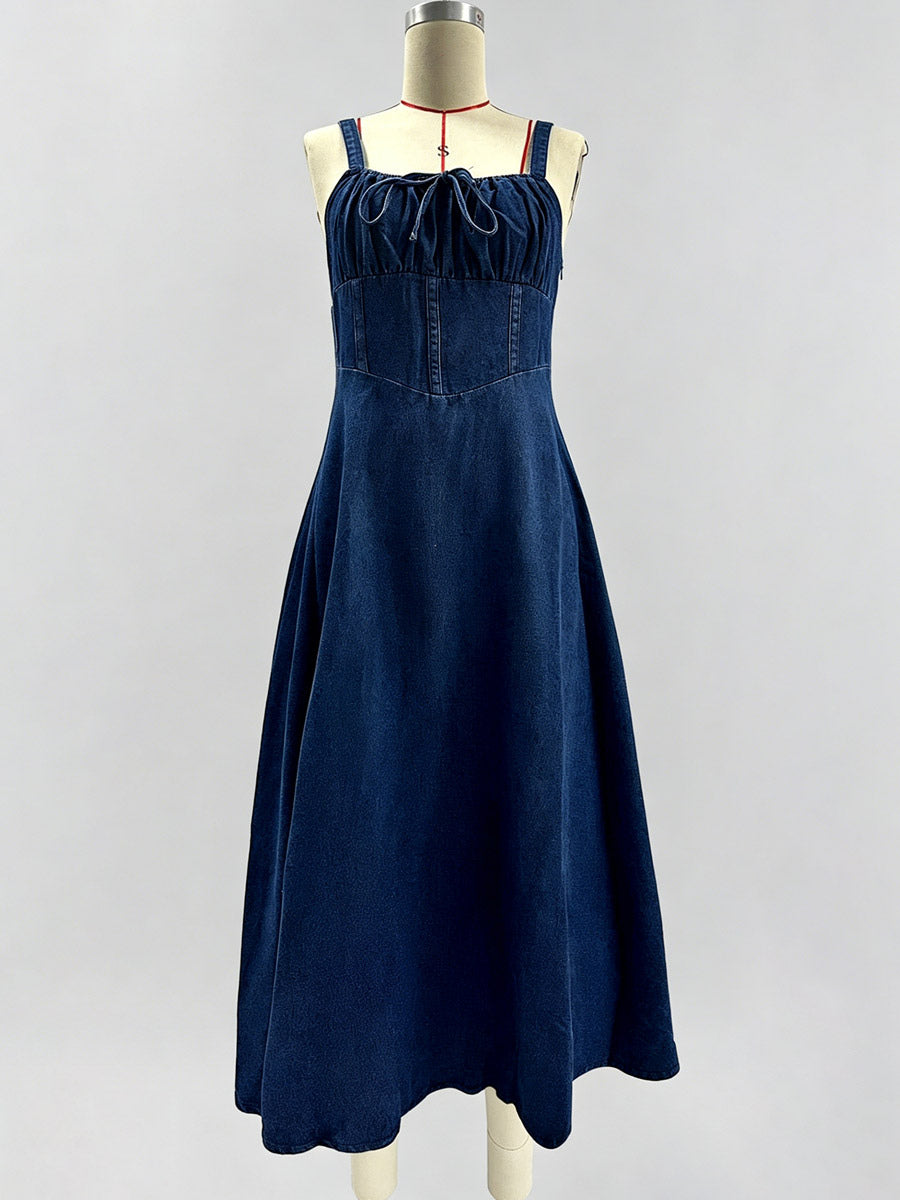 Navy Blue Square Neck Spaghetti Strap Midi Dress For Women Classic Elegance