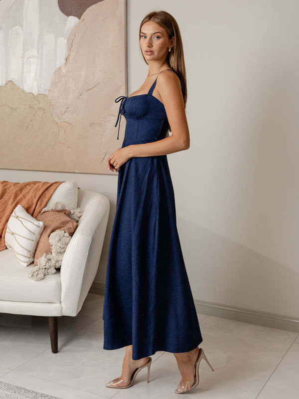 Navy Blue Square Neck Spaghetti Strap Midi Dress For Women Classic Elegance