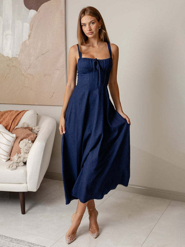 Navy Blue Square Neck Spaghetti Strap Midi Dress For Women Classic Elegance