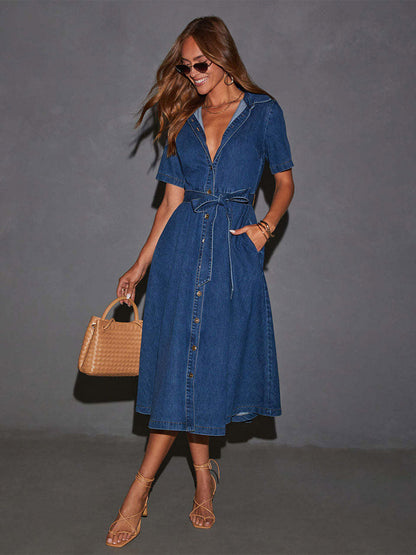 Navy Blue Denim Short Sleeve Midi Dress For Women Classic Casual