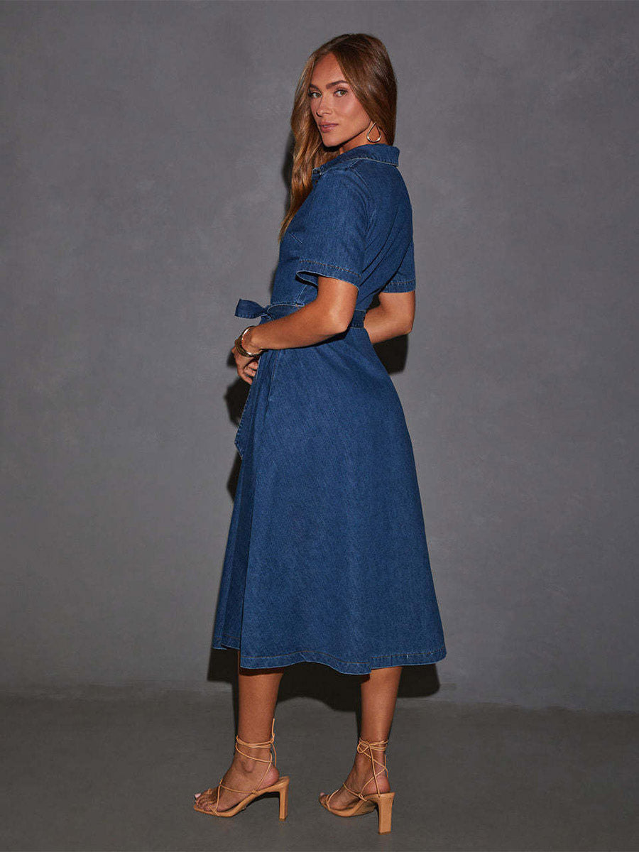 Navy Blue Denim Short Sleeve Midi Dress For Women Classic Casual