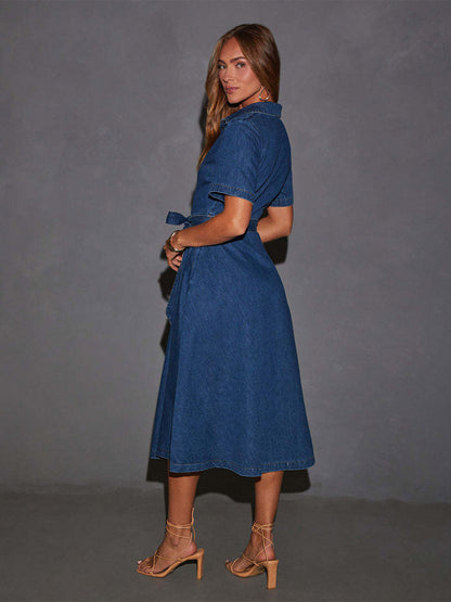 Navy Blue Denim Short Sleeve Midi Dress For Women Classic Casual