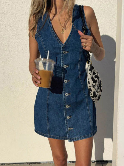 Navy Blue V Neck Sleeveless Denim Mini Dress For Women Retro Chic