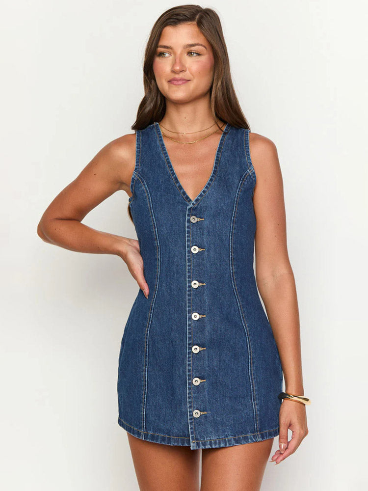 Navy Blue V Neck Sleeveless Denim Mini Dress For Women Retro Chic