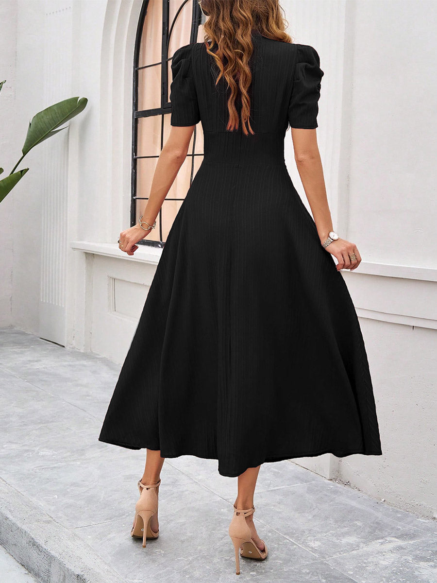 Burgundy Puff Sleeve V Neck Midi Dress For Women Elegant Chic