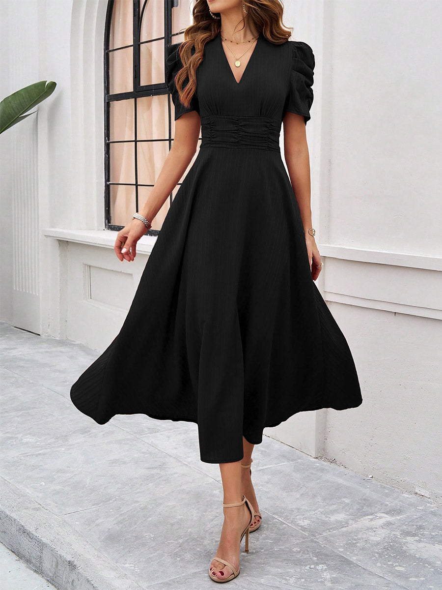 Burgundy Puff Sleeve V Neck Midi Dress For Women Elegant Chic