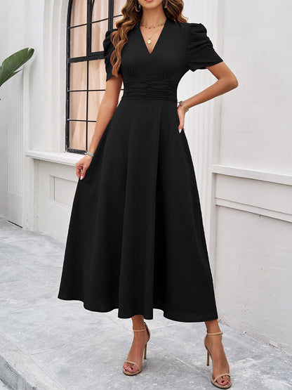 Burgundy Puff Sleeve V Neck Midi Dress For Women Elegant Chic