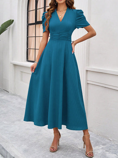 Burgundy Puff Sleeve V Neck Midi Dress For Women Elegant Chic