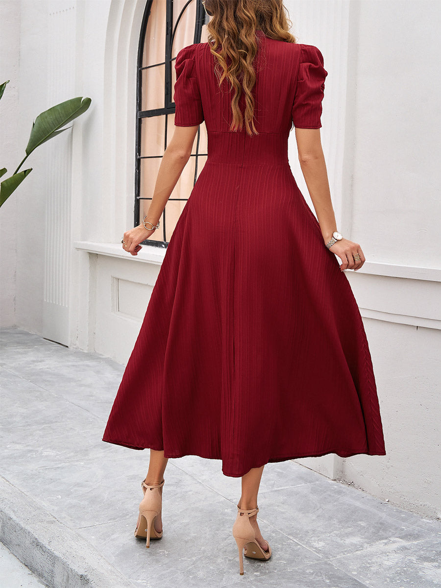 Burgundy Puff Sleeve V Neck Midi Dress For Women Elegant Chic