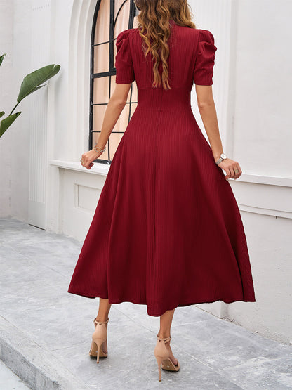 Burgundy Puff Sleeve V Neck Midi Dress For Women Elegant Chic