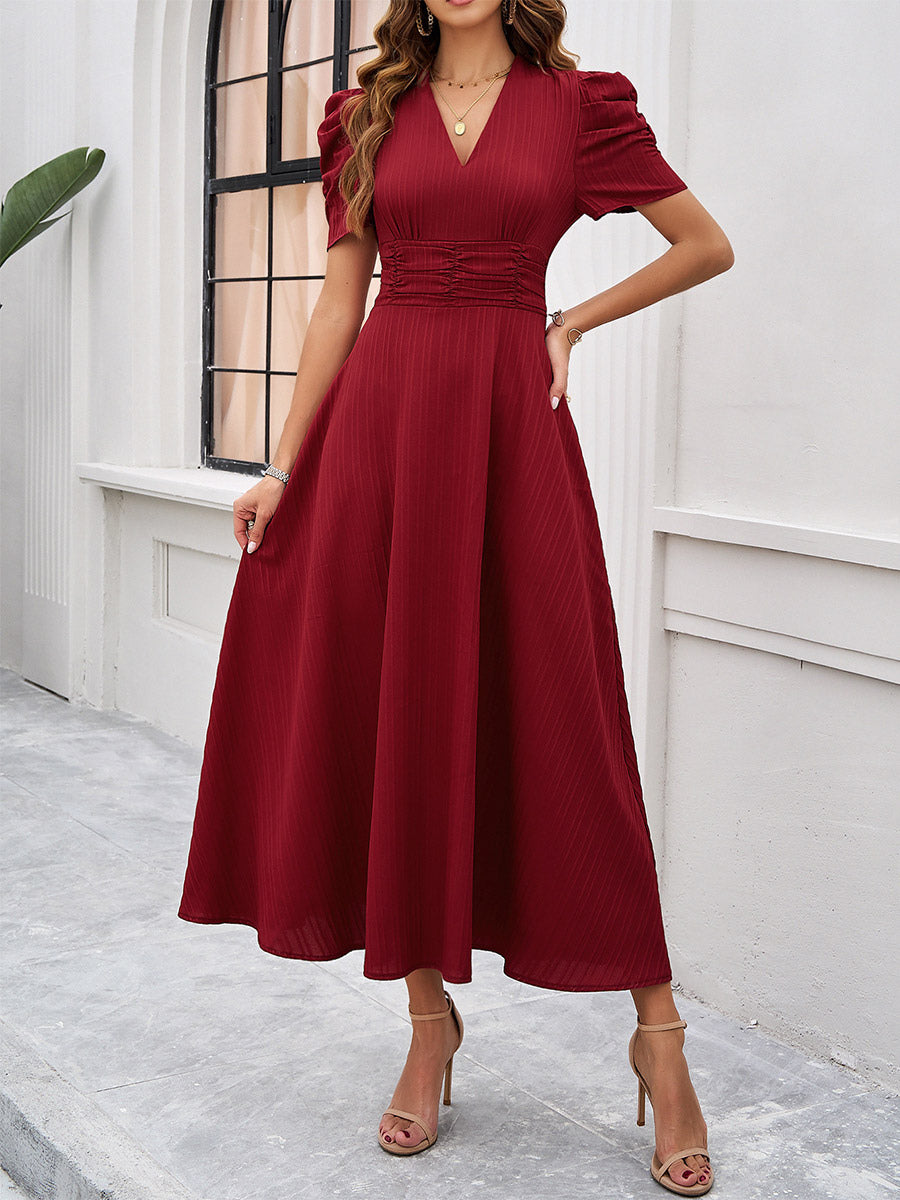 Burgundy Puff Sleeve V Neck Midi Dress For Women Elegant Chic