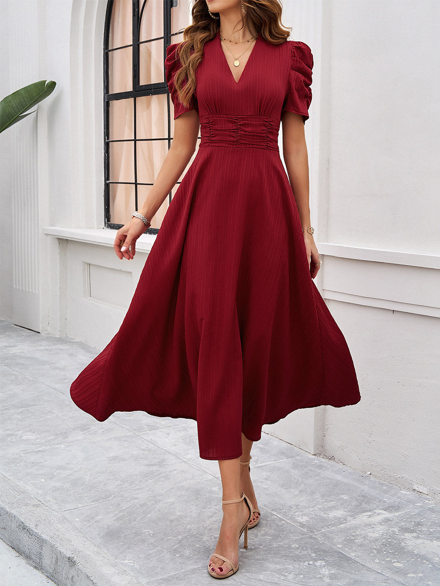 Burgundy Puff Sleeve V Neck Midi Dress For Women Elegant Chic
