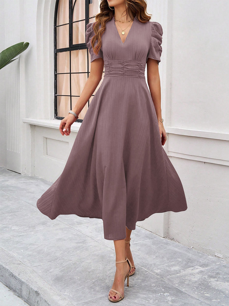 Burgundy Puff Sleeve V Neck Midi Dress For Women Elegant Chic