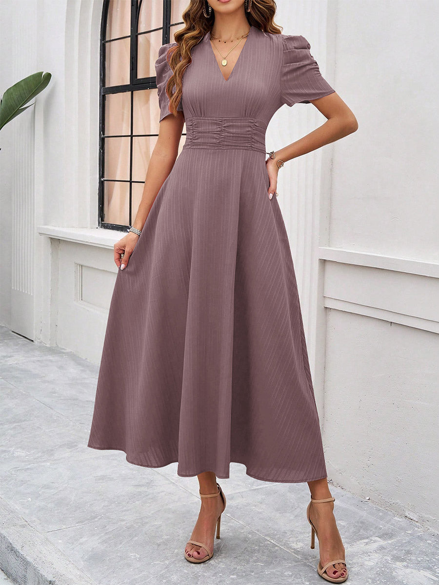 Burgundy Puff Sleeve V Neck Midi Dress For Women Elegant Chic