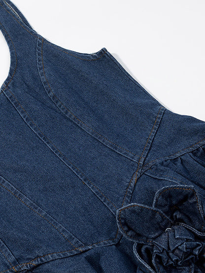 Navy Blue Sleeveless Denim Mini Dress With Ruffle Hem For Women