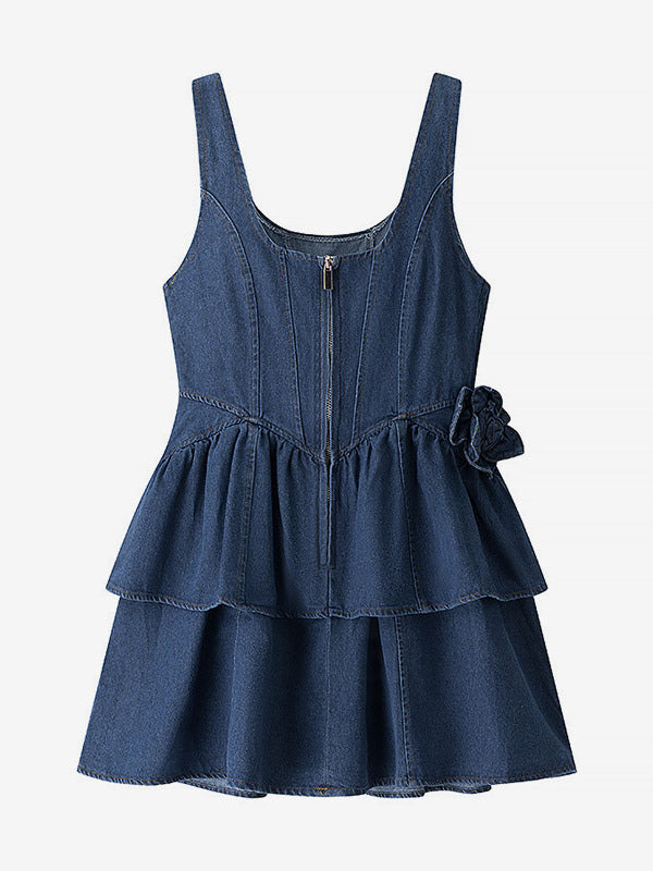 Navy Blue Sleeveless Denim Mini Dress With Ruffle Hem For Women