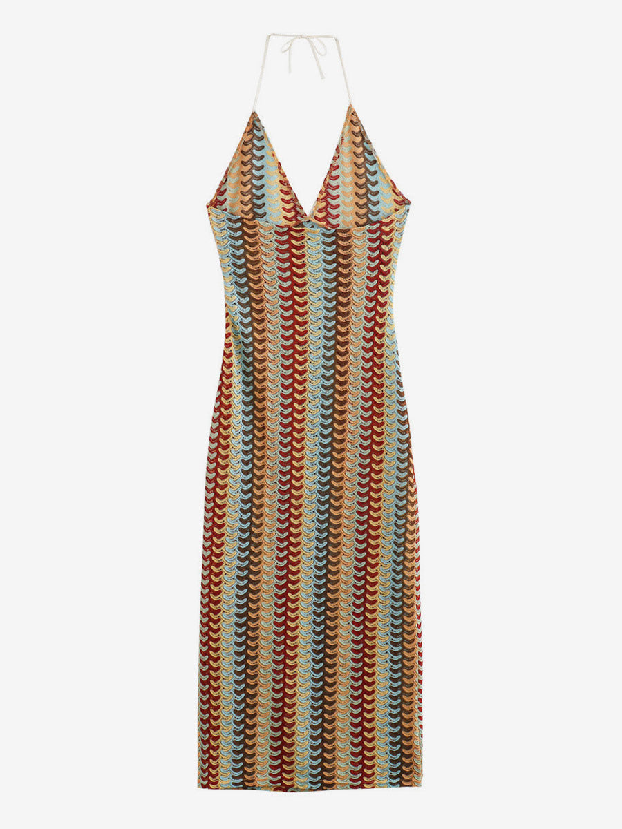 Color Block Crochet Halter Neck Midi Dress For Women Boho Chic