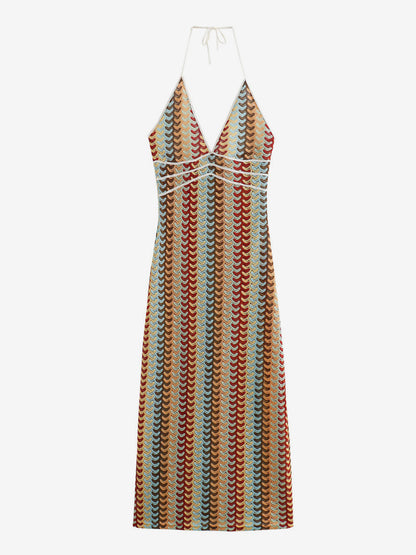 Color Block Crochet Halter Neck Midi Dress For Women Boho Chic