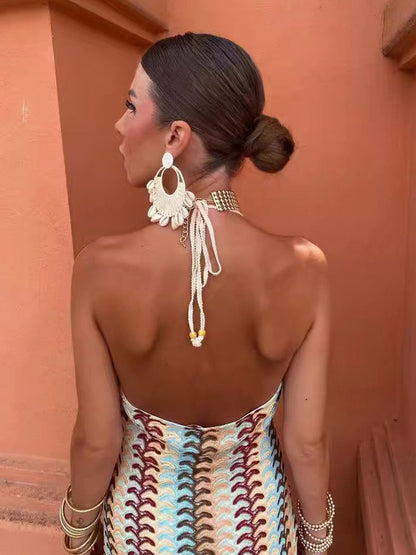 Color Block Crochet Halter Neck Midi Dress For Women Boho Chic