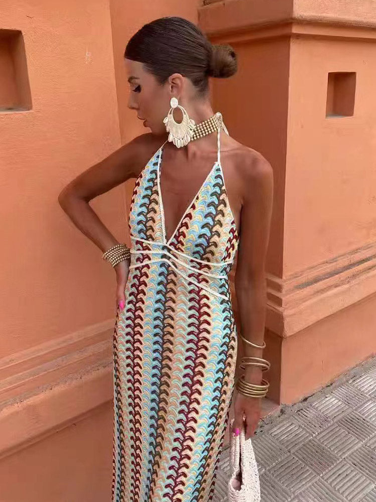 Color Block Crochet Halter Neck Midi Dress For Women Boho Chic