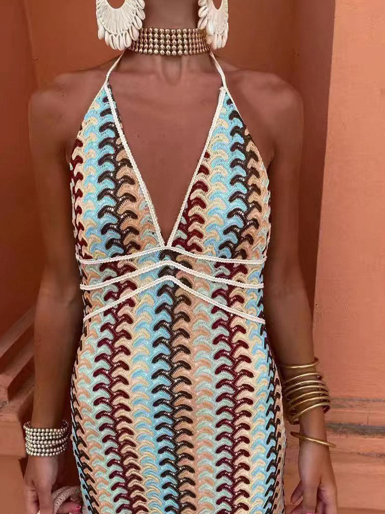 Color Block Crochet Halter Neck Midi Dress For Women Boho Chic
