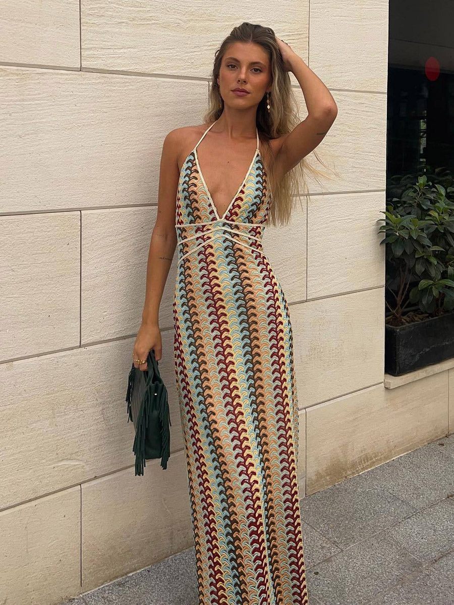 Color Block Crochet Halter Neck Midi Dress For Women Boho Chic