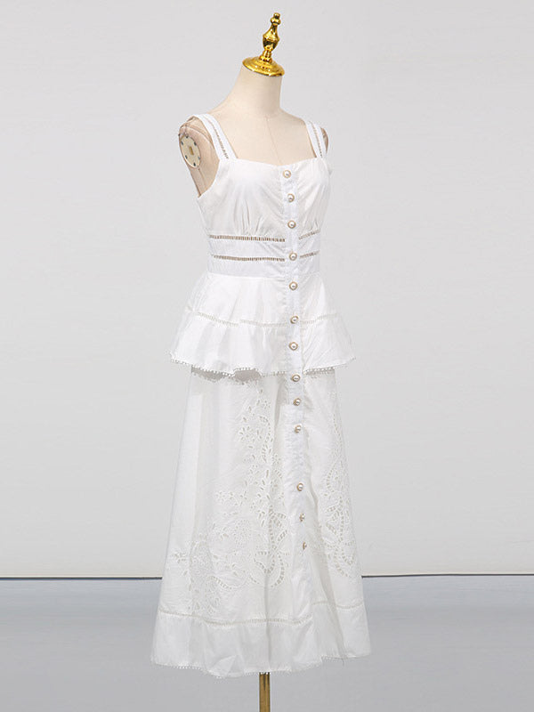 Chic Fitted White Maxi Gown With Lace Detail Perfect For Formal Events