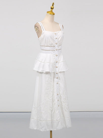 Chic Fitted White Maxi Gown With Lace Detail Perfect For Formal Events