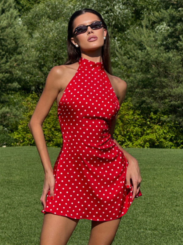 Chic Fitted Red Gown With Polka Dots Perfect For Summer Parties