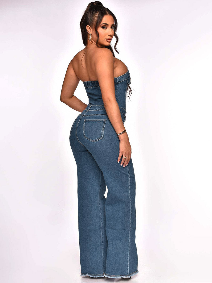 Jumpsuits Blue Strapless Sleeveless Denim Flared Summer One Piece Outfit