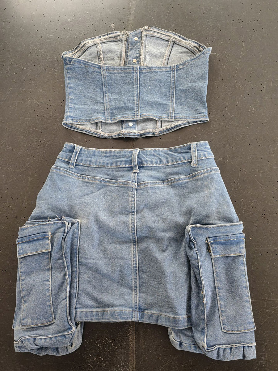 2-Piece Sets Skirt Set Light Sky Blue Sexy Street Wear Strapless Summer Sets