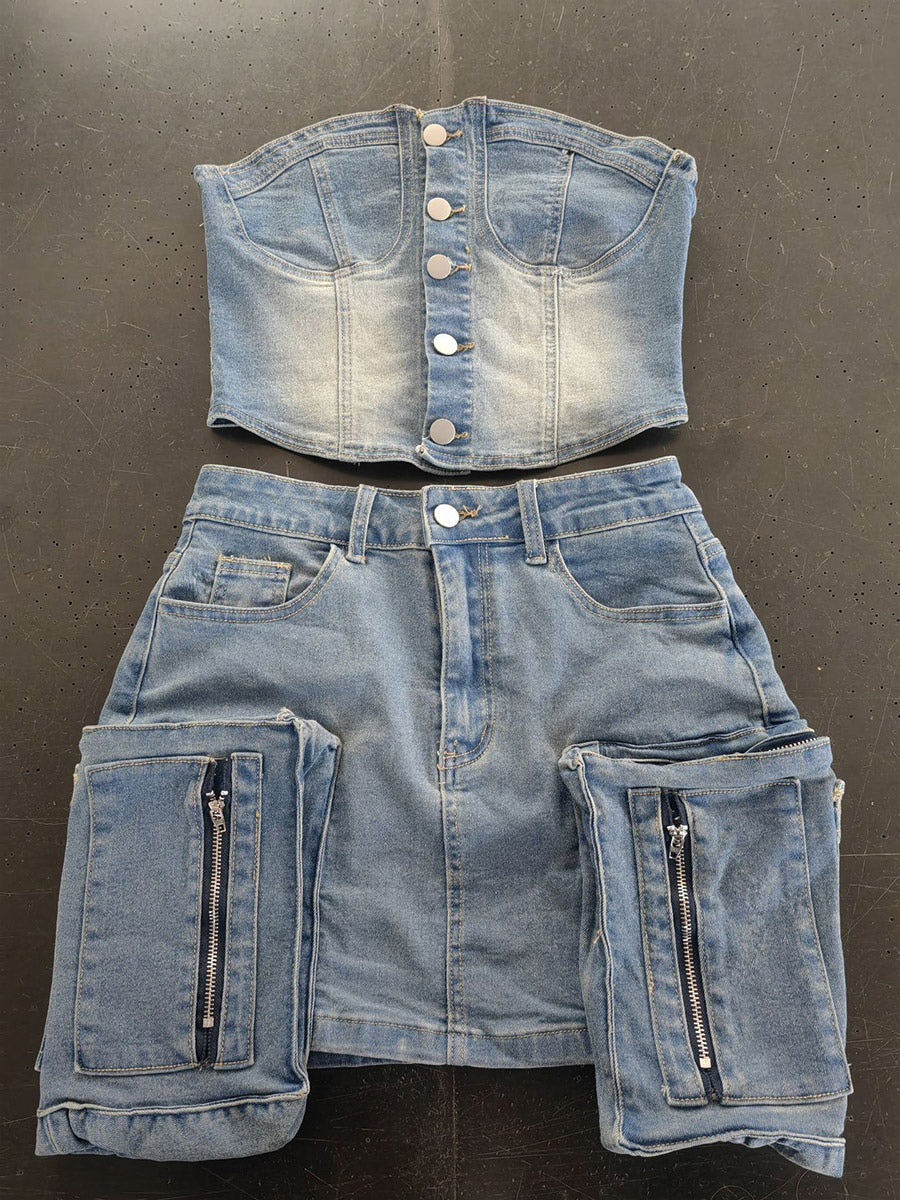 2-Piece Sets Skirt Set Light Sky Blue Sexy Street Wear Strapless Summer Sets