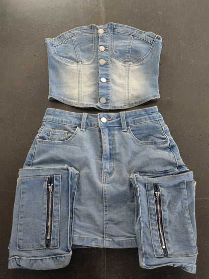 2-Piece Sets Skirt Set Light Sky Blue Sexy Street Wear Strapless Summer Sets
