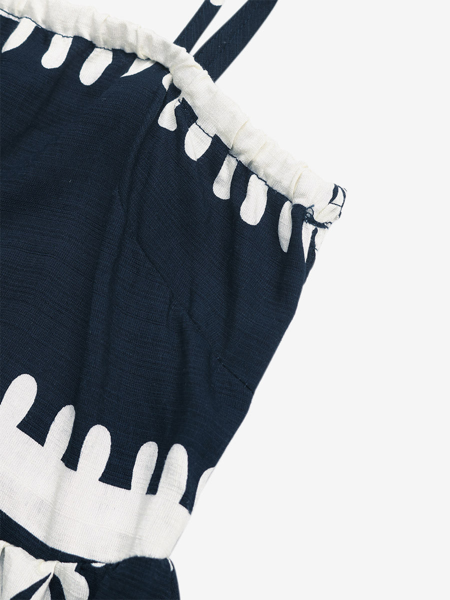 Women's Navy Blue White Print Spaghetti Strap Mini Dress Sleeveless A Line Summer Beach Dress